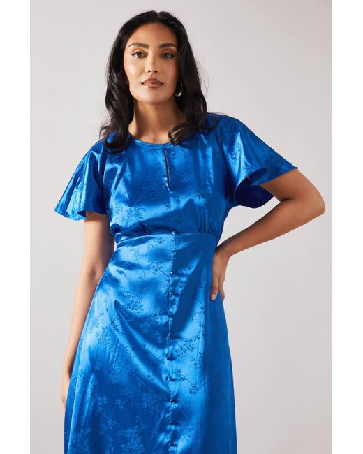 Wallis Blue Petite Satin Jacquard Button Through Midaxi Dress