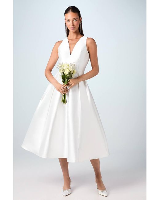 Coast Women's White Plunge Neck Bow Waist Midi Wedding Dress With