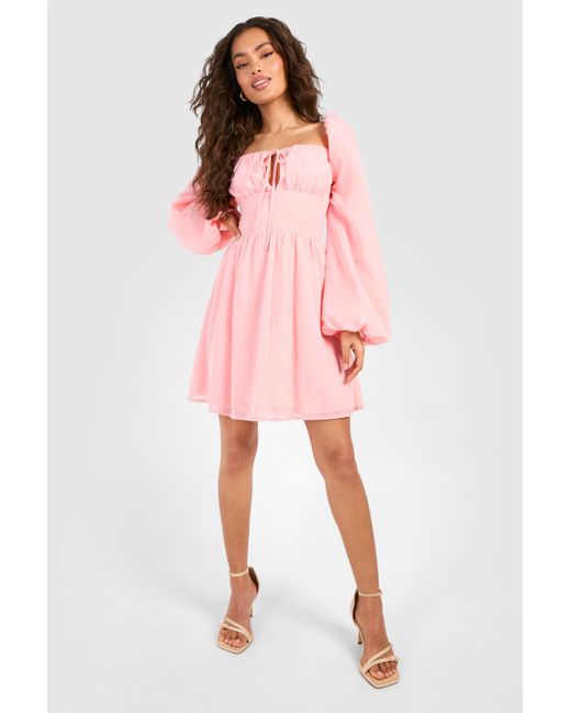 Boohoo Pink Chiffon Blouson Sleeve Milkmaid Mini Dress