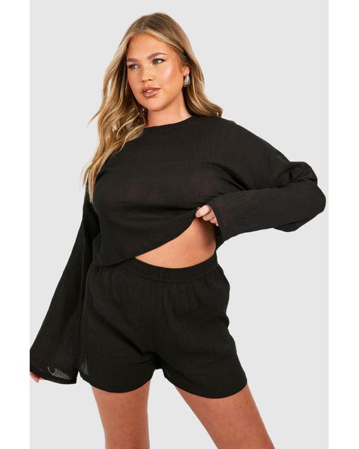 Boohoo Black Plus Flare Sleeve And Button Front Loungewear Short Set
