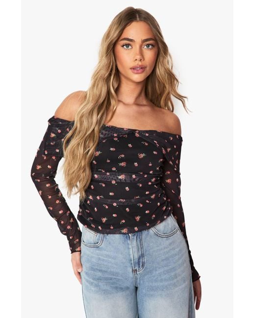 Boohoo Black Printed Mesh Bardot Ruched Top