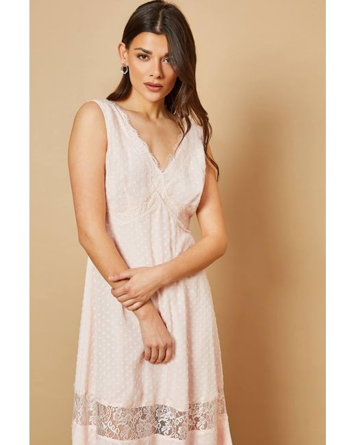 Oasis Natural Dobby Chiffon Lace Insert Midi Dress