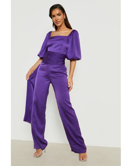 Boohoo Satin Puff Sleeve Wife Leg Jumpsuit in Purple | Lyst