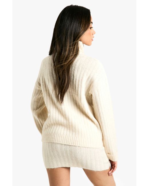 Conjunto De Minifalda Y Jersey Oversize De Punto Suave Y Canalé Grueso Con Cremallera En El Cuello Boohoo de color Natural