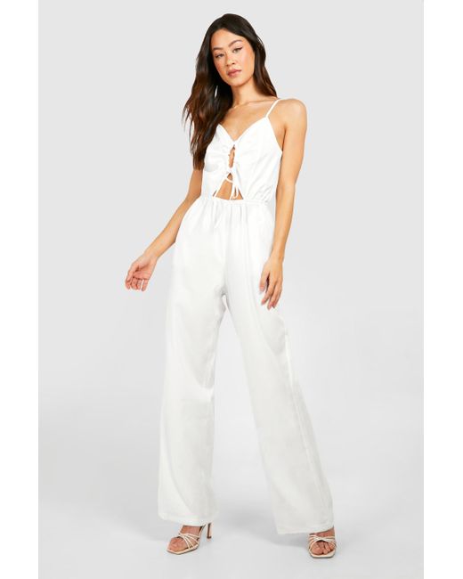 Boohoo White Tall Woven Ruched Front Wide Leg Jumpsuit