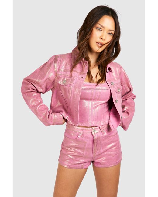 Boohoo Pink Metallic Coated Denim Crop Jacket