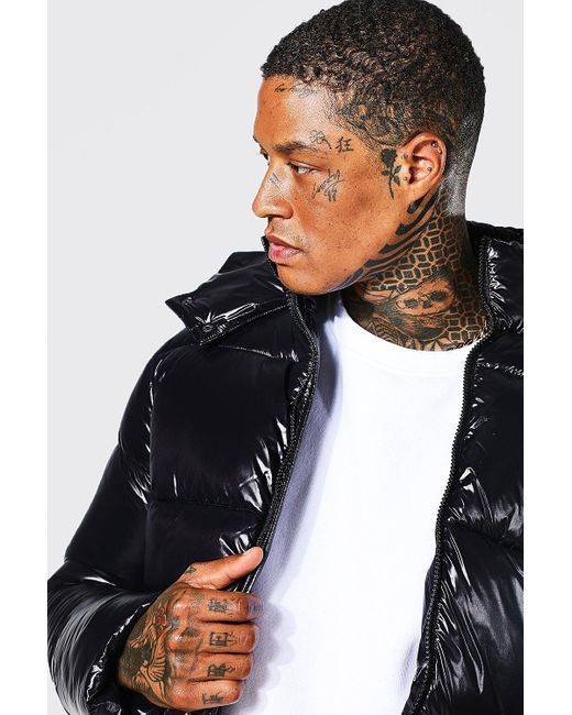 Regular Fit High Shine Puffer Jacket In Black Boohoo