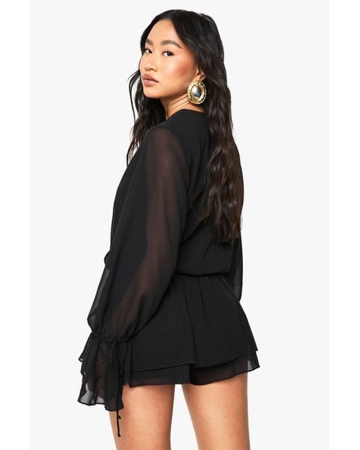 Boohoo Black Chiffon Long Sleeve V Neck Playsuit