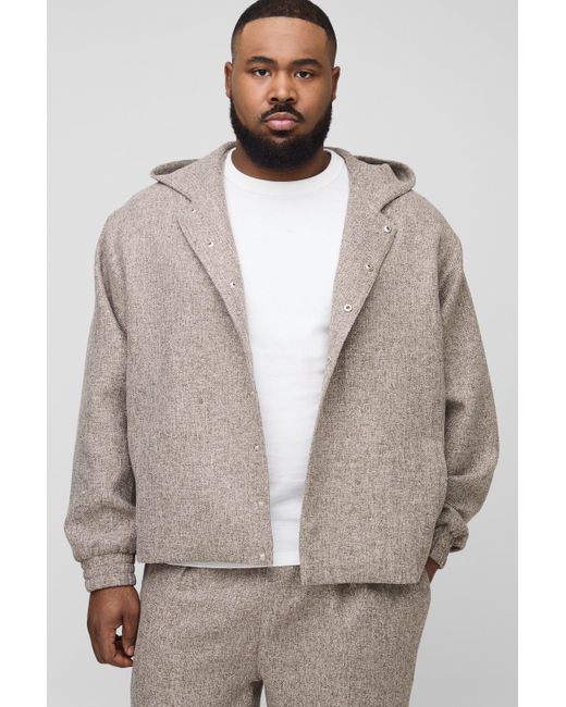 Boohoo Gray Plus Oversized Boucle Hooded Button Up Overshirt
