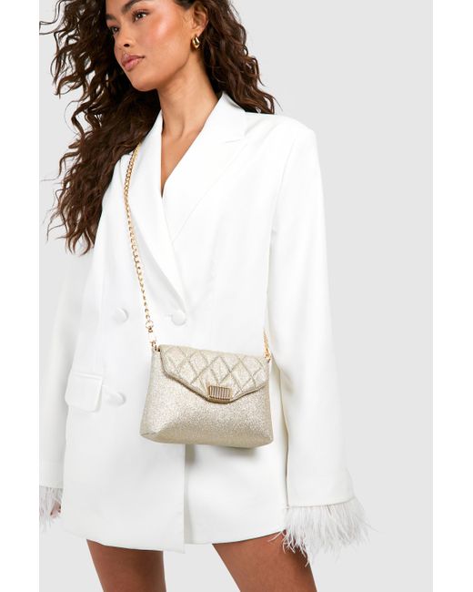 Boohoo White Gold Quilted Cross Body Glitter Bag