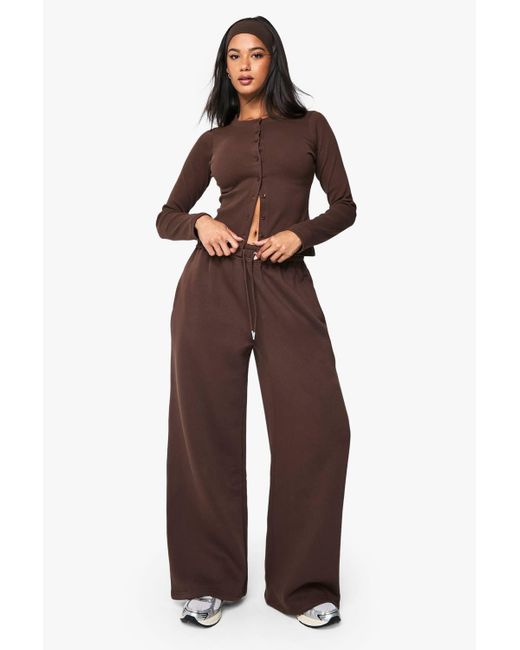 Boohoo Brown Rib Button Through Long Sleeve Top Tracksuit