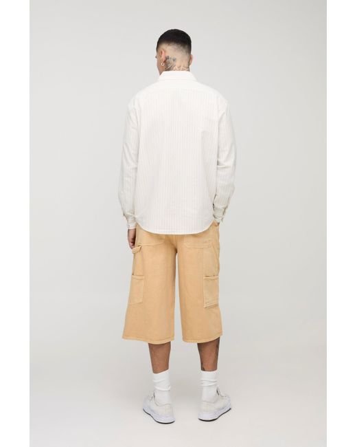 BoohooMAN White Tall Regular Fit Woven Tab Overdye Carpenter Longline Jorts for men