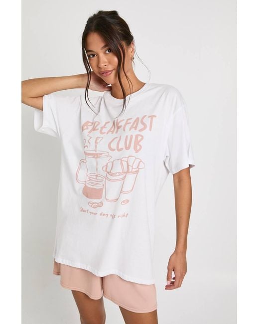 Boohoo White 'Breakfast Club' Graphic T-Shirt & Shorts Pyjama Set