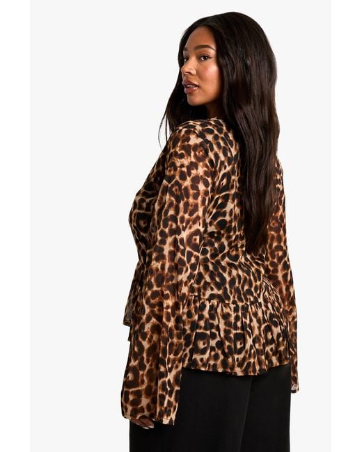 Boohoo Black Plus Leopard Tie Front Ruffle Blouse
