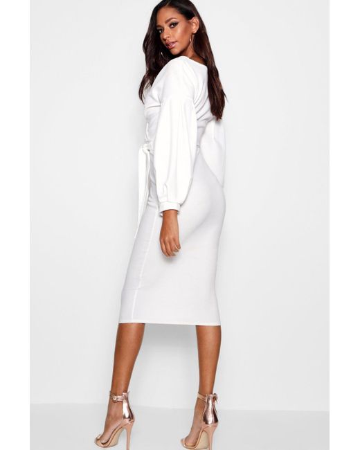 Boohoo Synthetic Tall Off The Shoulder Wrap Midi Bodycon Dress in White -  Lyst
