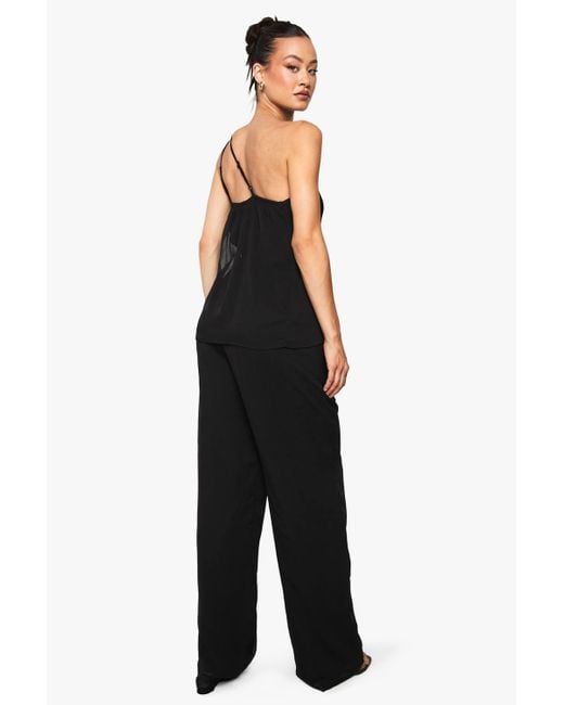 Boohoo Black Tall Chiffon Textured Draped Wide Leg Jumpsuit