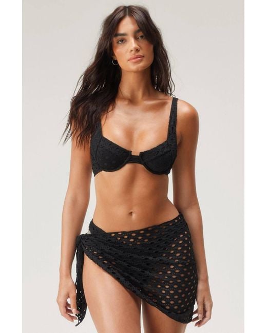 Nasty Gal Black Eyelet Textured Underwire Sarong 3Pc Bikini Set