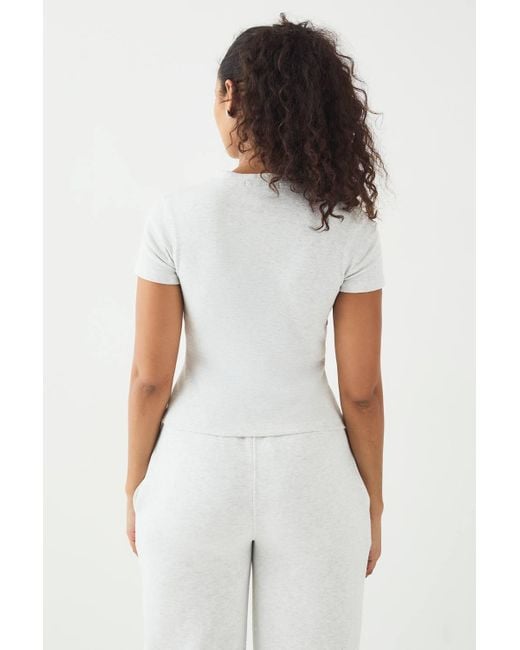 DSGN Studio White Script Embroidery Ribbed Button Through Short Sleeve Top