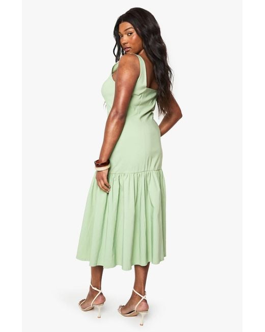drop waist dress boohoo Women's Drop Waist Button Up Denim Midi Dress, Mid Wash
