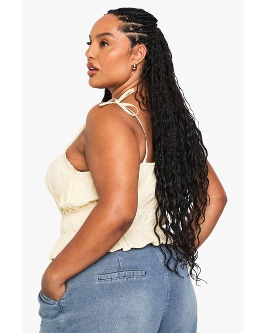 Boohoo Blue Plus Cotton Shirried Tie Strap Cami Top