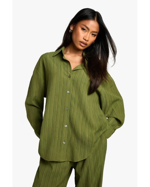 Boohoo Green Woven Crinkle Textured Shirt