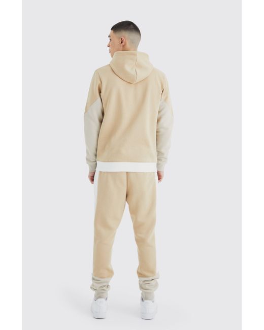 BoohooMAN Slim-Fit Man Colorblock Trainingsanzug mit Kapuze und Trichterkragen in Natural für Herren