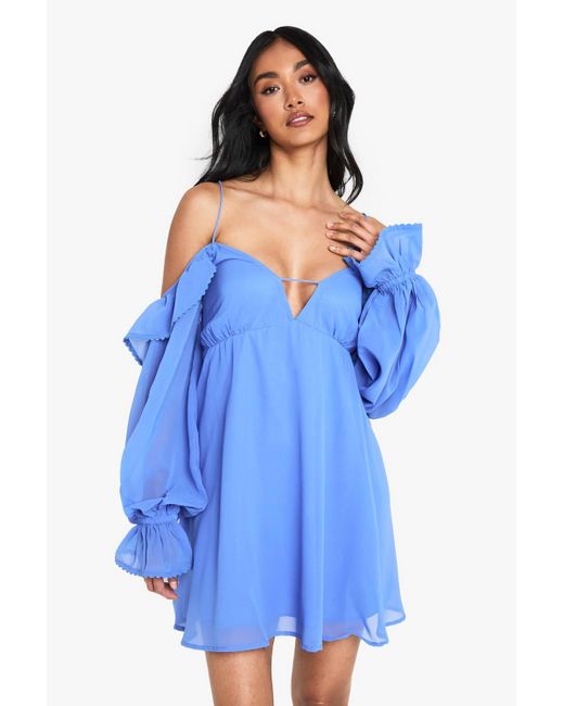 Boohoo Chiffon Cold Shoulder Layered Mini Dress in Blue | Lyst
