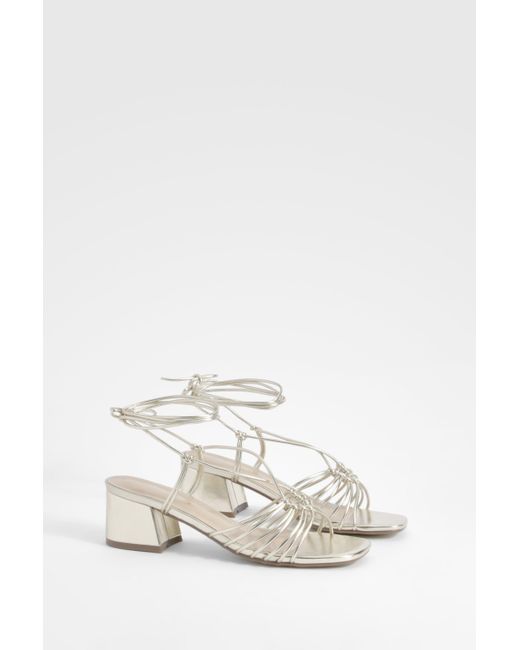 Boohoo White Low Block Caged Wrap Up Heels
