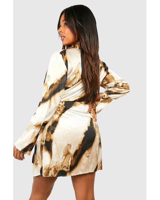 Boohoo Brown Plus Marble Print Wrap Shirt Dress