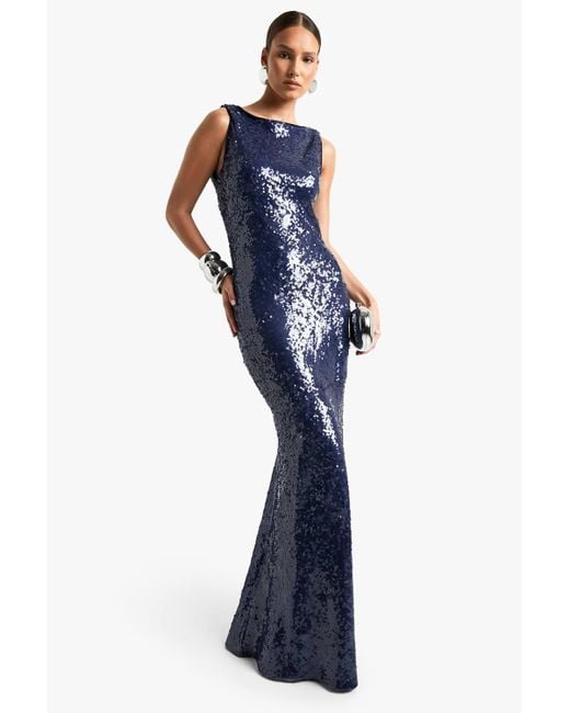 Boohoo Women's Blue Cowl Back Sequin Fit And Flare Maxi Dress