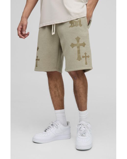 BoohooMAN Natural Relaxed Fit Gothic M Cross Print Short for men