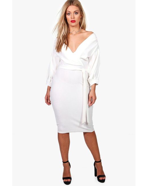 white off the shoulder wrap dress
