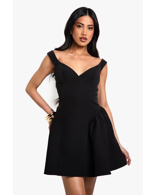 Boohoo Black Bardot Structured Volume Skater Mini Dress