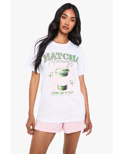 Boohoo White 'Matcha Mornings' Graphic T-Shirt & Shorts Pyjama Set