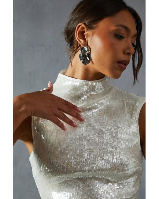MissPap Gray Sequin High Neck Top