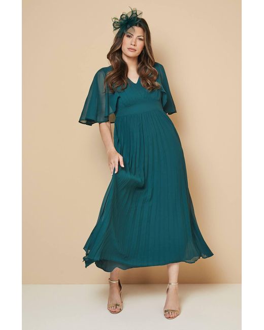 Wallis Women's Green Pleated Cape Sleeve Midi Dress