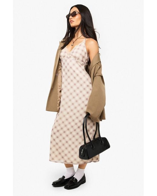 Boohoo Natural Lace Trim Flannel Chiffon Slip Dress