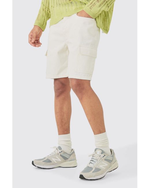 Slim Rigid Cargo Denim Shorts In Ecru Boohoo de color White