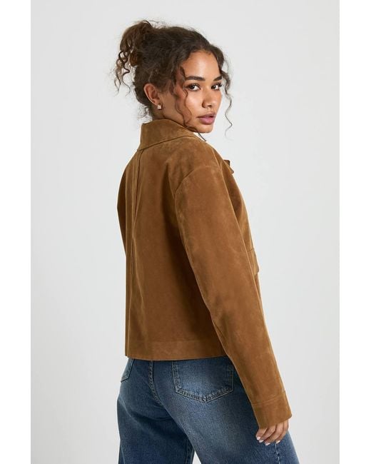 Boohoo Brown Collared Button Up Suede Look Jacket