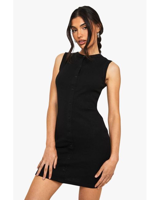 Boohoo Black Rib Button Down Shift Dress