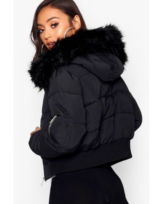 Boohoo Petite Luxe Faux Fur Hood Sporty, Boohoo Hooded Faux Fur Coat Black