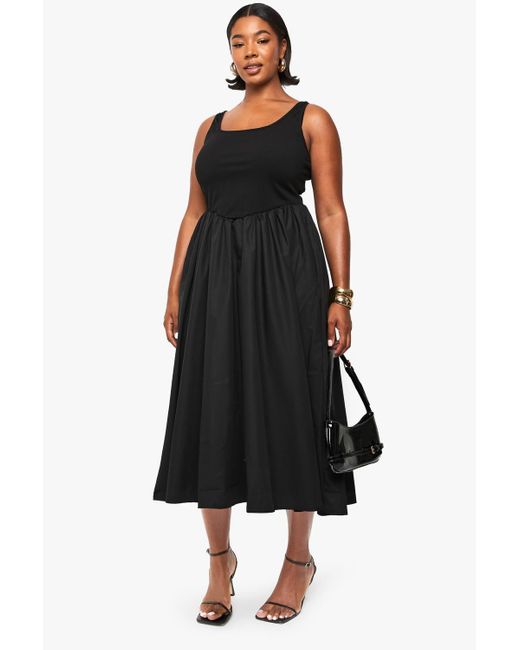 Boohoo Black Plus Rib Scoop Neck Mixed Fabric Skater Midaxi Dress
