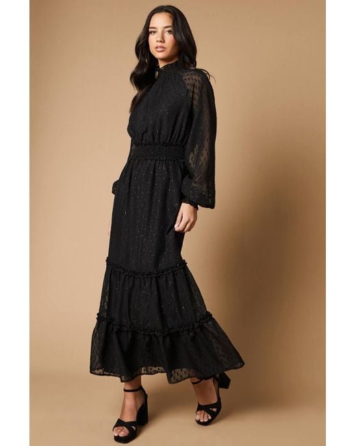 Oasis Black Occasion Metallic High Neck Ruffle Midaxi Dress