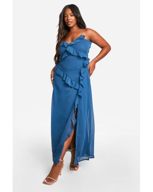 Boohoo Blue Plus Woven Abstract Print Ruffle Detail Strappy Maxi Dress 1