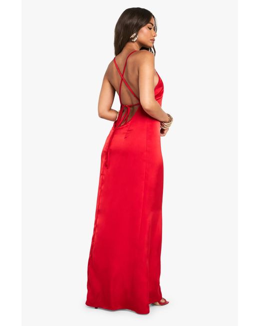Boohoo Satin Plunge Front Split Leg Maxi Dress in Red | Lyst
