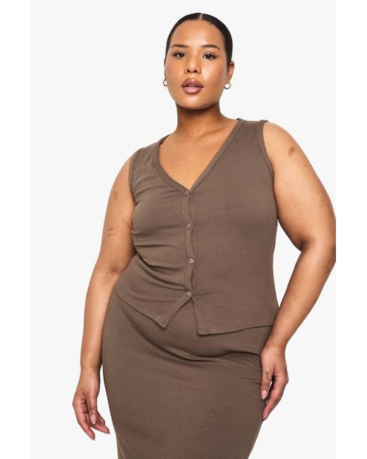 Boohoo Brown Plus Soft Rib Button Down Longline Waistcoat