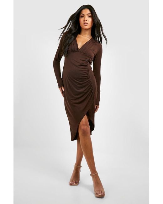Boohoo Maternity Long Sleeve Slinky V Neck Midaxi Dress in Brown