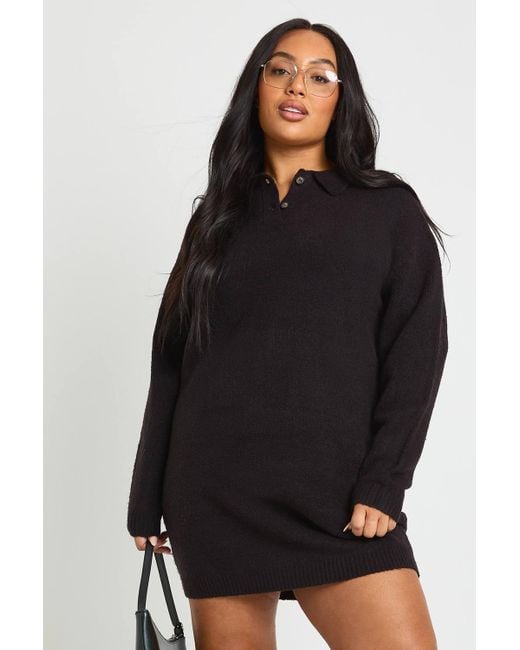 Boohoo Women's Black Plus Collared Long Sleeve Knit Sweater Dress