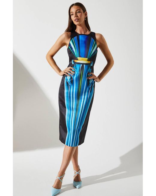 Coast Blue Printed Satin Pencil Midi Dress