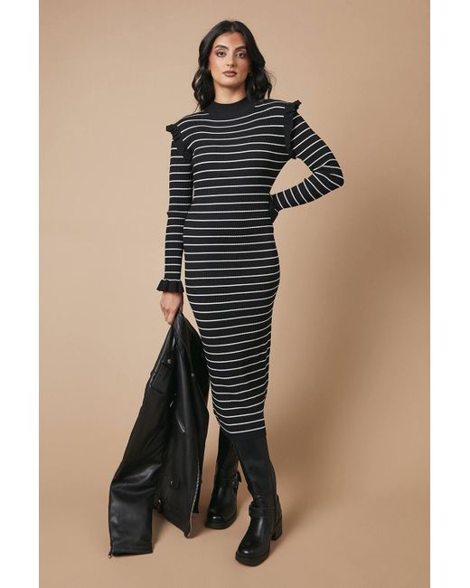 Oasis Black Striped Ribbed Frill Shoulder Knitted Midi Dress